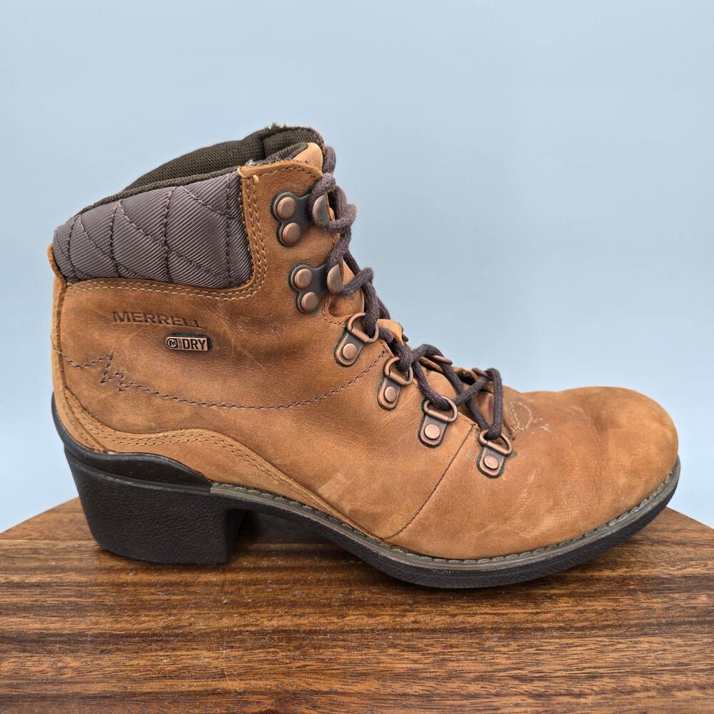 Merrell Boots Womens 8 M Oak Brown Leather Lace Up Block Heel Waterproof Chateau